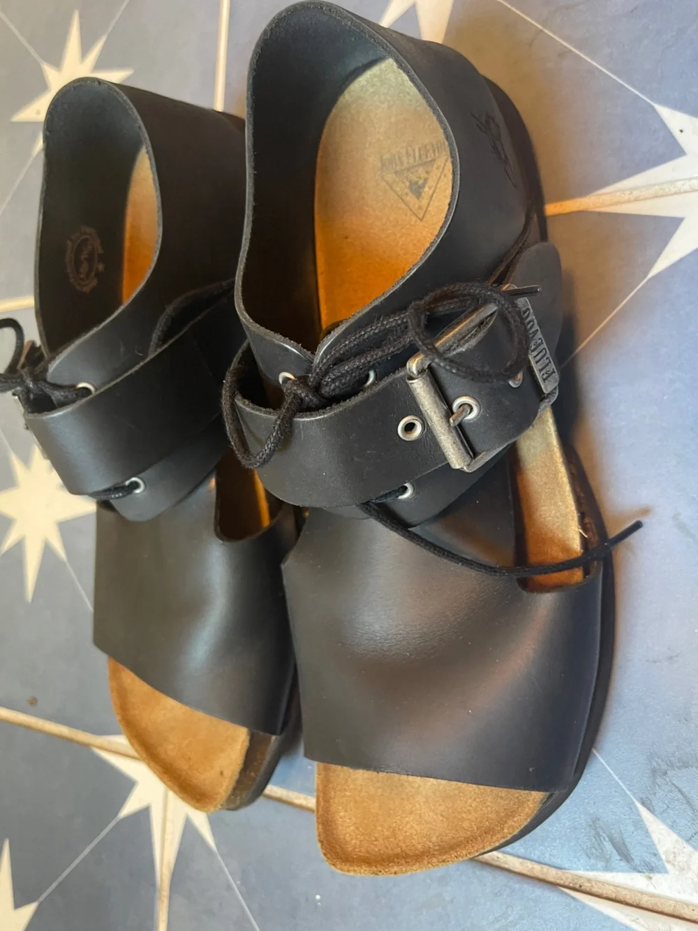 John Fluevog Black Leather Slide Buckle Sandals